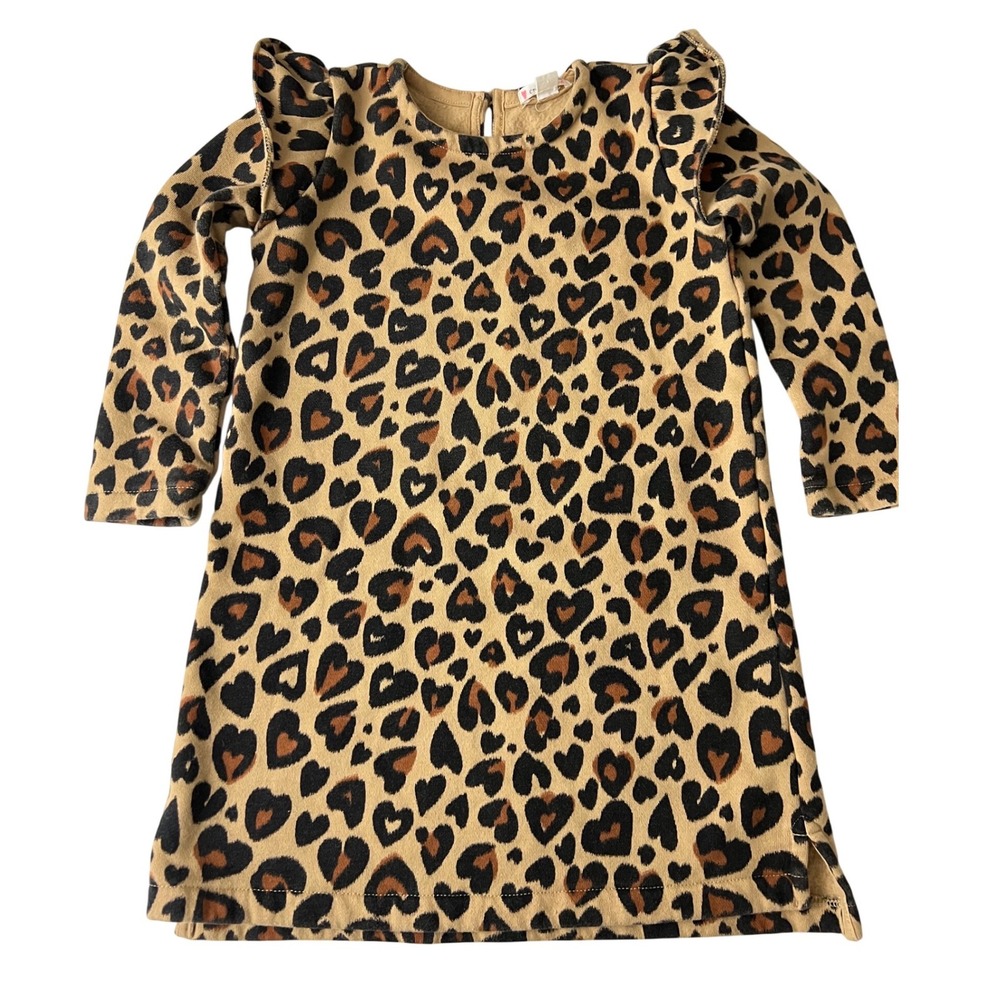Crewcuts Sweatshirt Dress Girls Size 5 Tan Leopard Heart Print Ruffle Shoulder